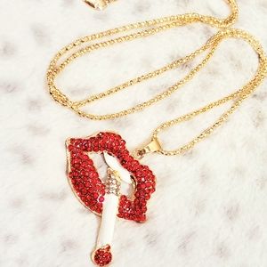 Gold plated Red crystal smoking sexy lips pendent necklace